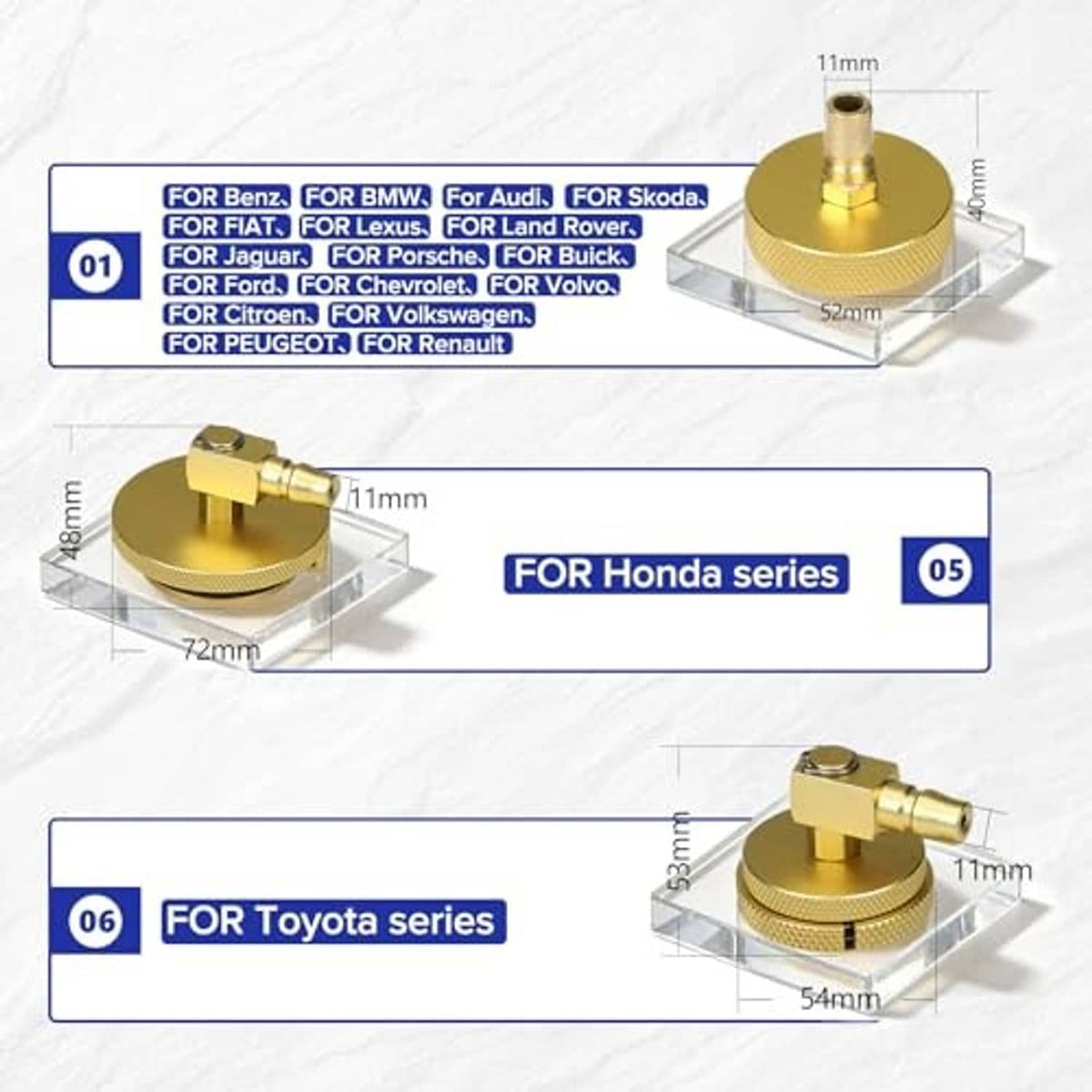 Brass adapter fittings with labeled sizes and ports for multiple vehicle series