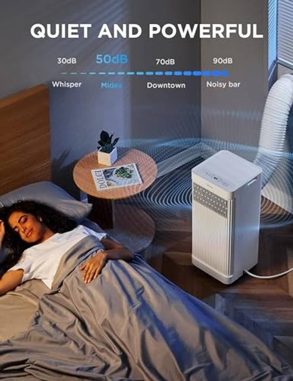 Portable air conditioner beside a bed for quiet nighttime cooling