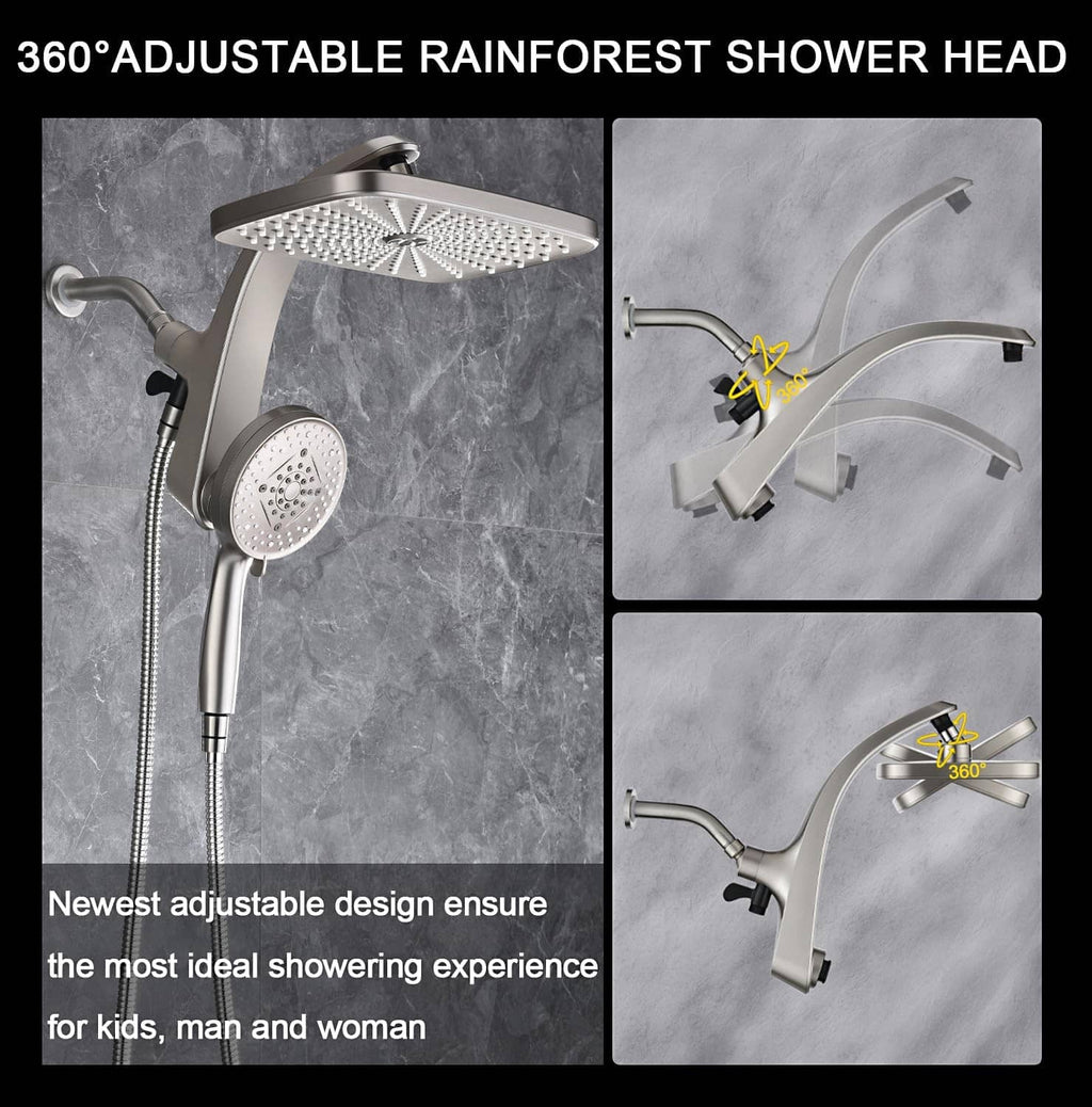 360° adjustable rain shower head with handheld, nickel finish, flexible mounting