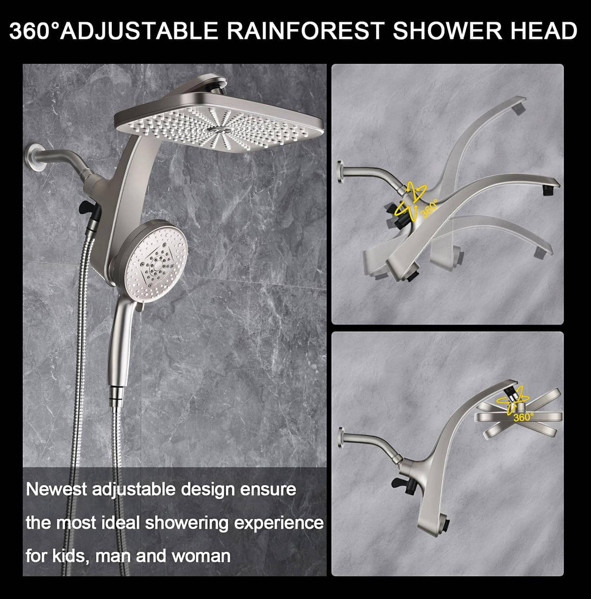 360° adjustable rain shower head with handheld, nickel finish, flexible mounting