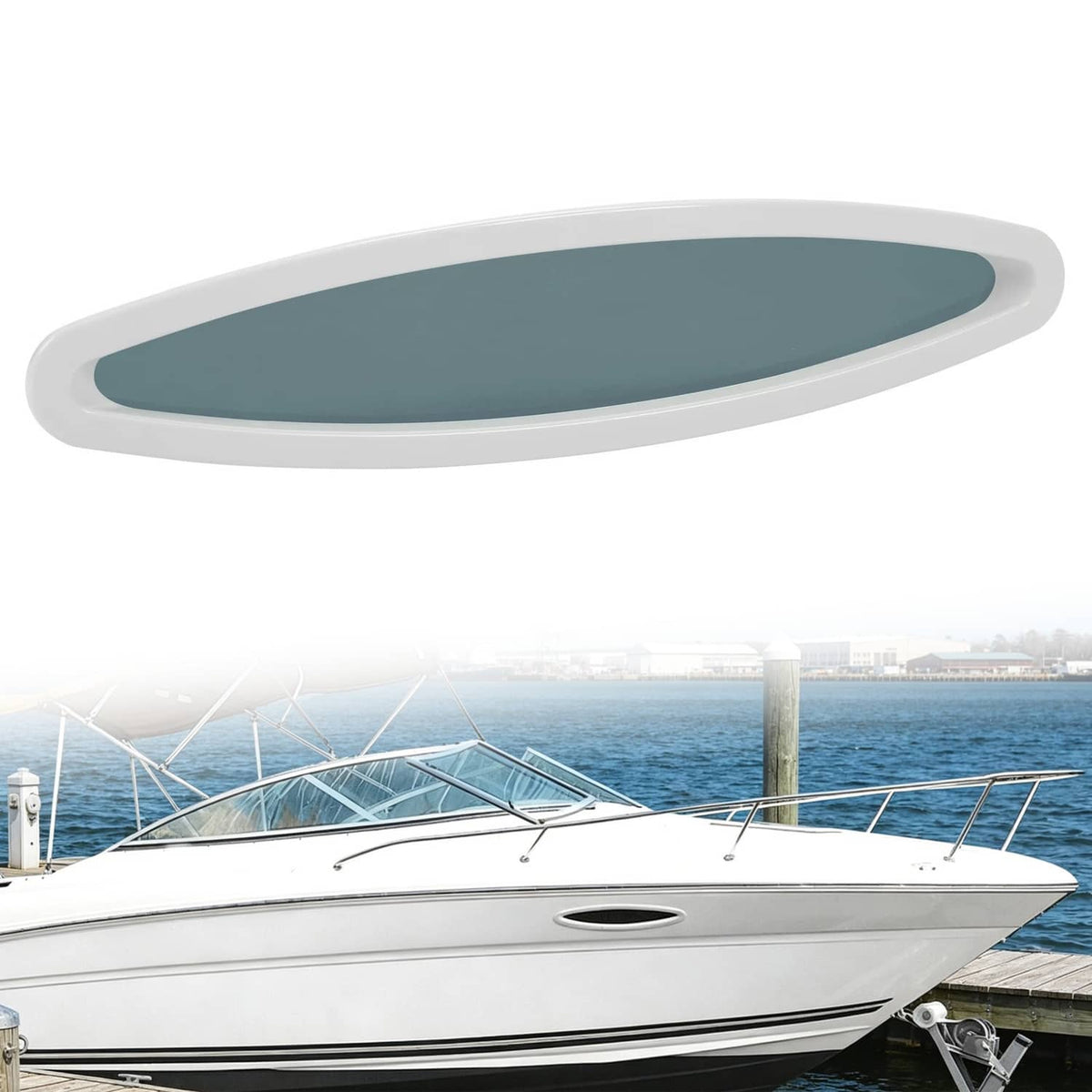 Oval boat window insert with white outer ring and blue-gray tinted glass