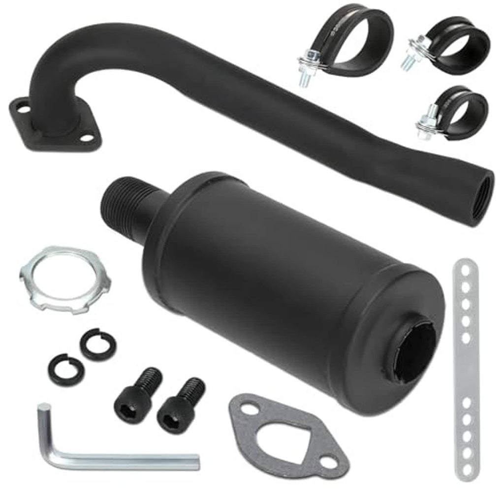 Black exhaust muffler silencer with curved inlet pipe, clamp bands, and mounts