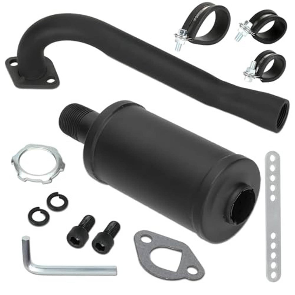 Black exhaust muffler silencer with curved inlet pipe, clamp bands, and mounts