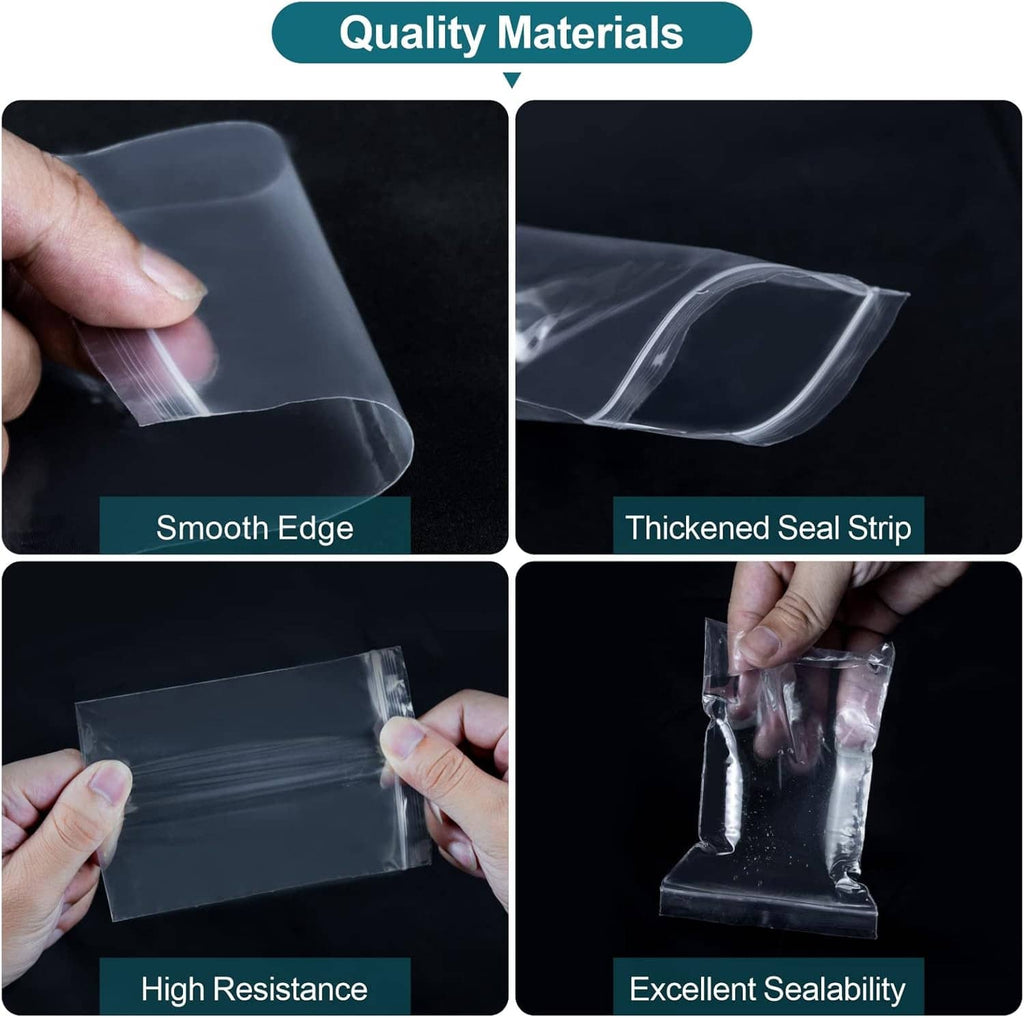 Clear resealable mini plastic bags, close-up of smooth edge and sealed seam