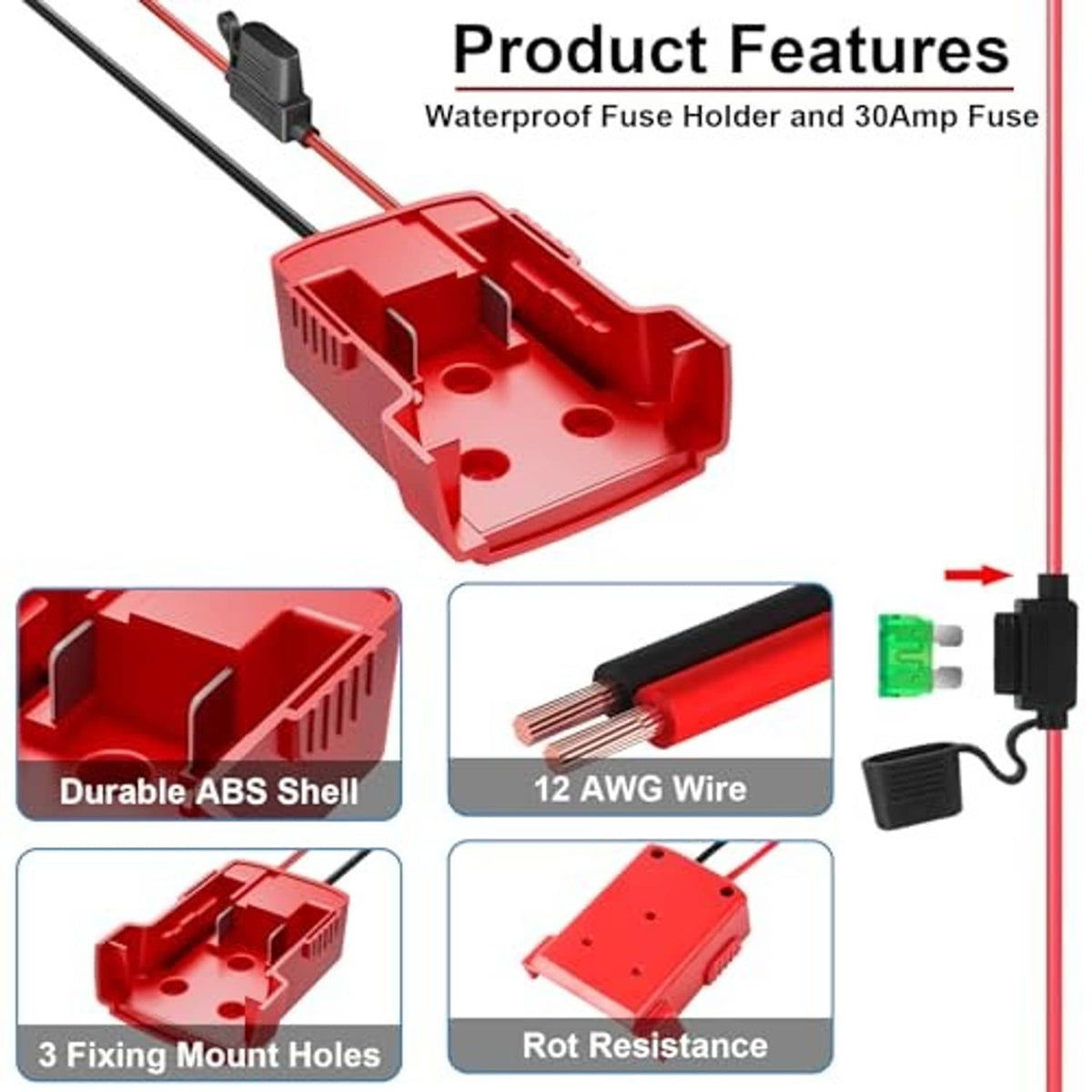 Iixwuq step-down converter adapter with waterproof fuse holder, red ABS shell, 12 AWG wires