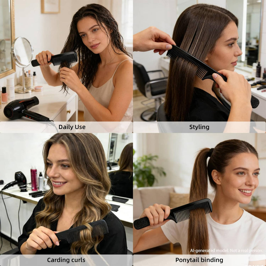 Black barber comb for hair styling, with textured non-slip handle and fine teeth