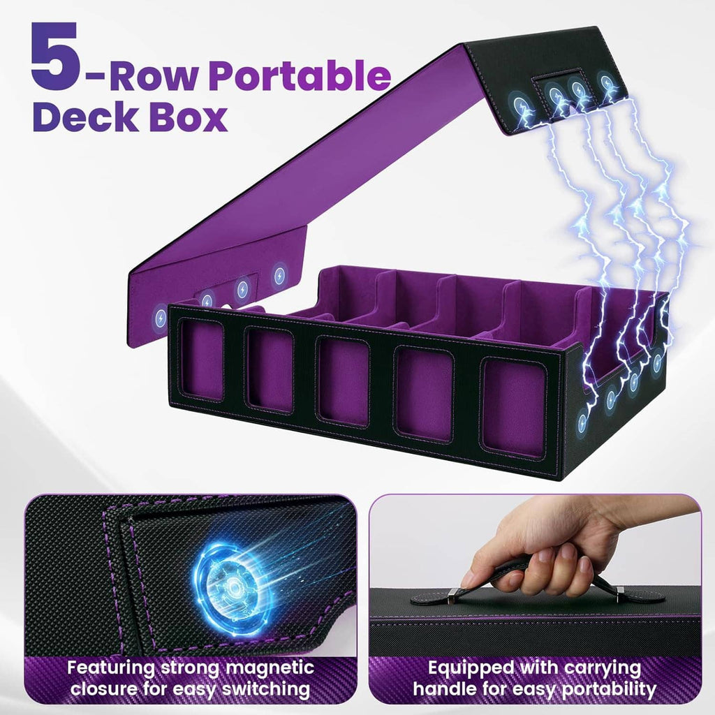 Portable purple trading card deck box with hinged top, front windows, and carrying handle