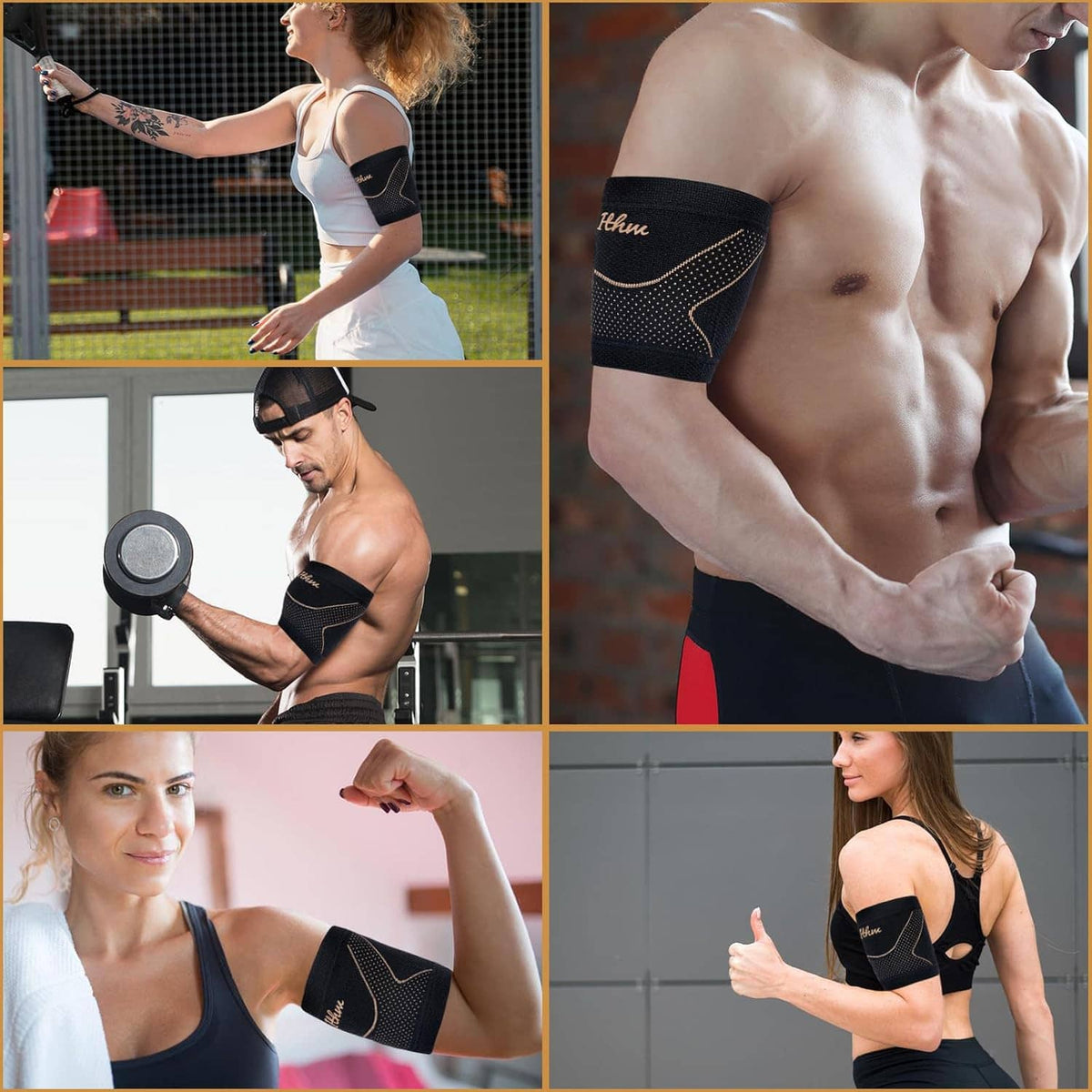 Black bicep compression sleeve with copper dotted support, shown on arm