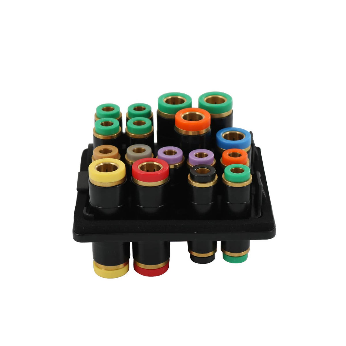 Air manifold connector block with multicolor fittings on black mounting base