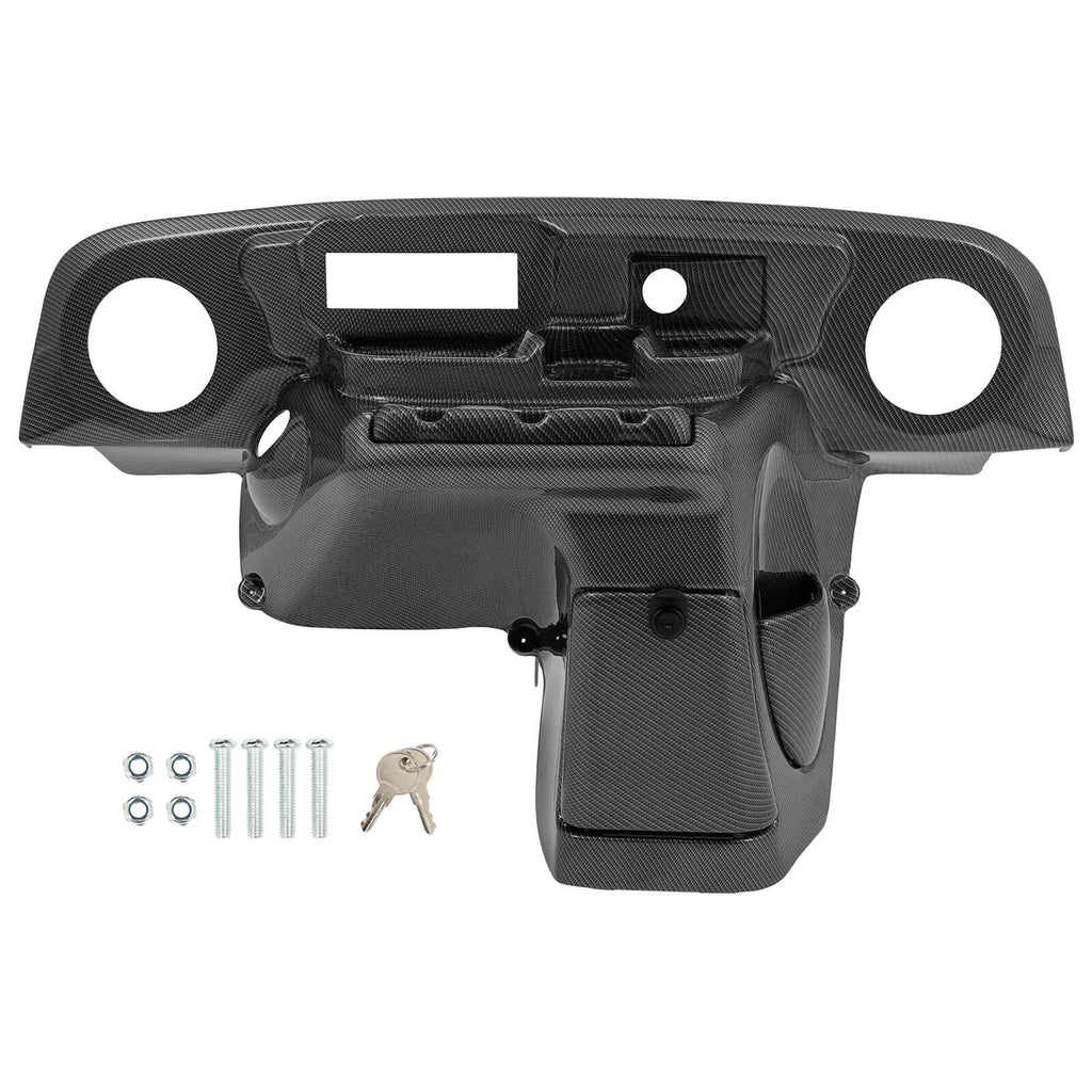 Carbon-fiber style dash panel with radio cutout, mounting screws, and console pocket