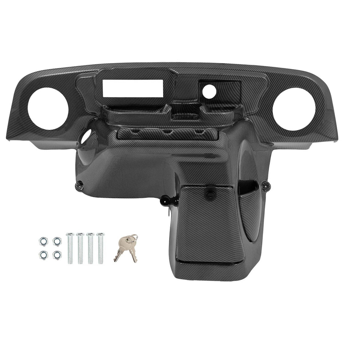 Carbon-fiber style dash panel with radio cutout, mounting screws, and console pocket