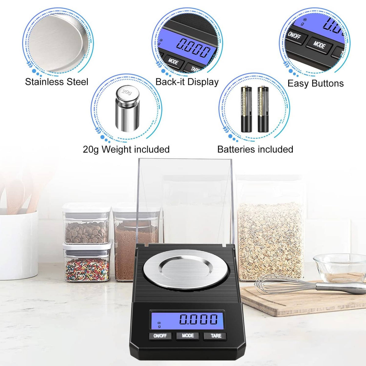 Black digital milligram scale with round metal pan and included 20g weight