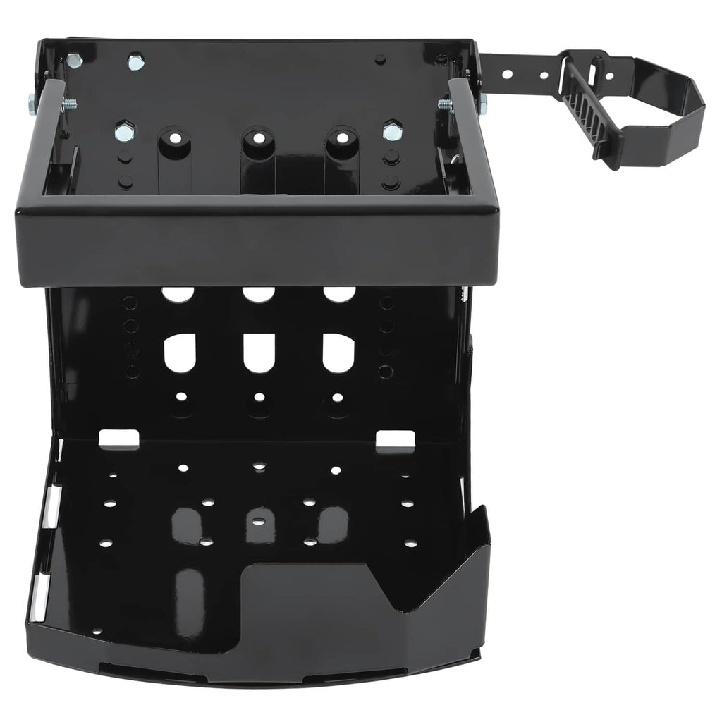 Black trailer rack mount with open top tray, bolt holes, and side hang bracket