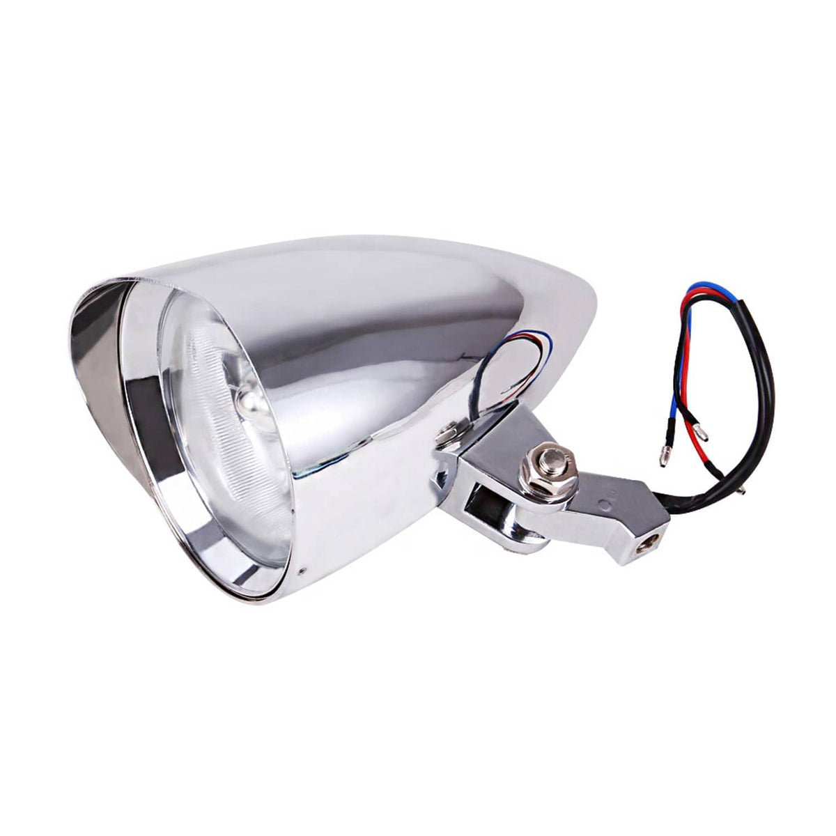 Chrome bullet visor headlight with clear lens and attached cable wires