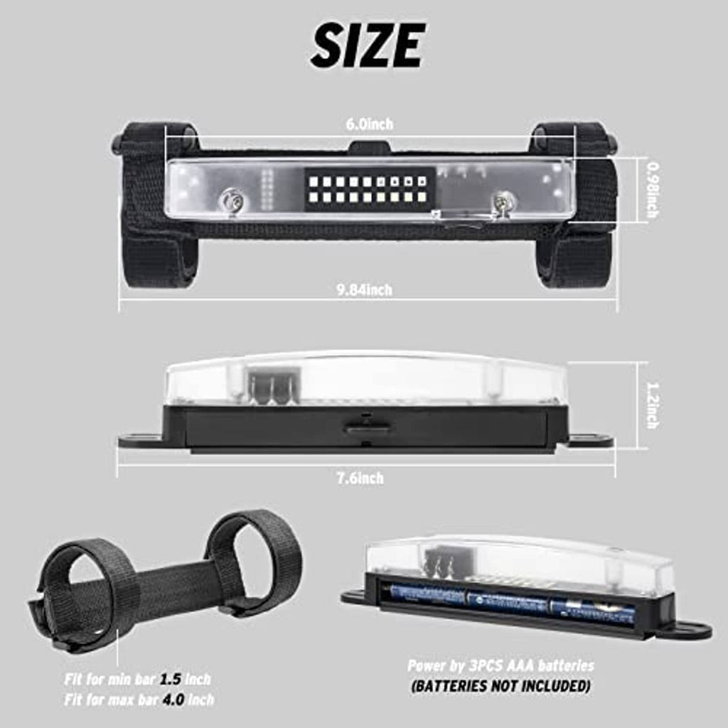 Compact roll bar LED light with clear lens and black strap mounting