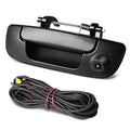 Black rear tailgate handle backup camera with integrated lens and cable harness