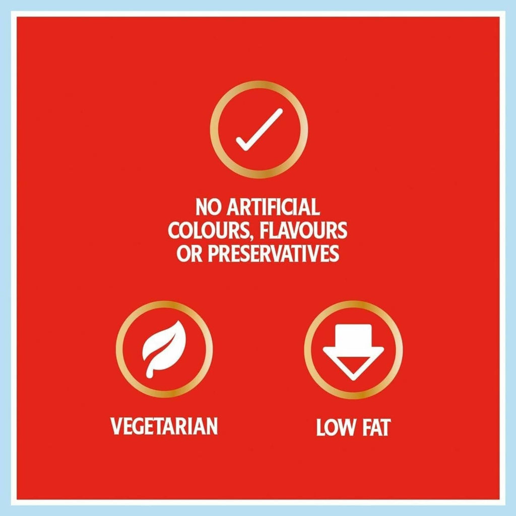 Red label panel with vegetarian, low fat, and no artificial colors icons
