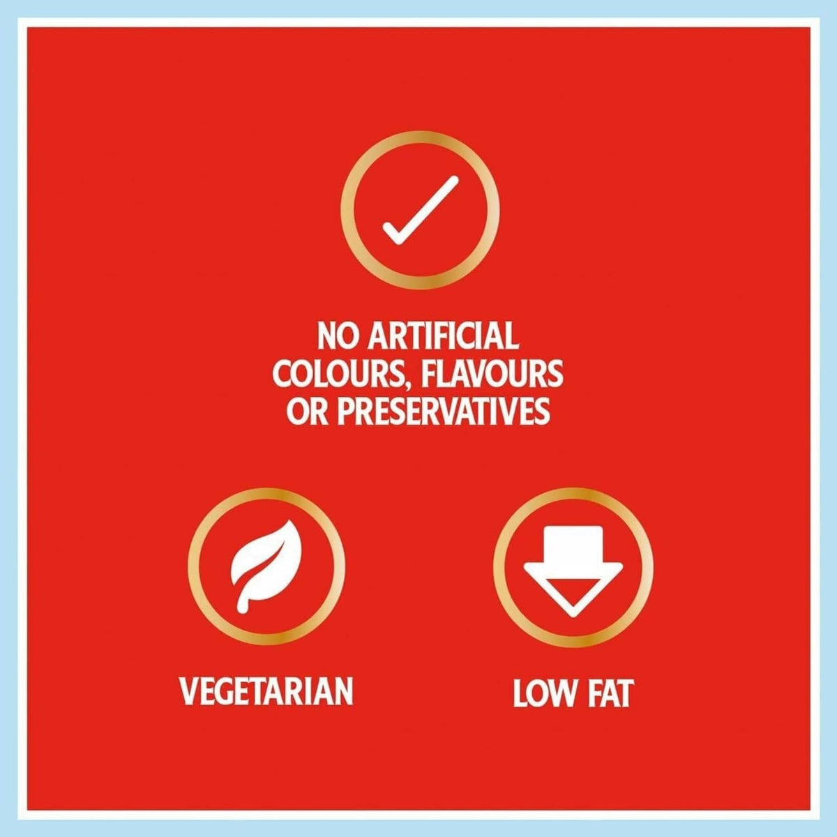 Red label panel with vegetarian, low fat, and no artificial colors icons