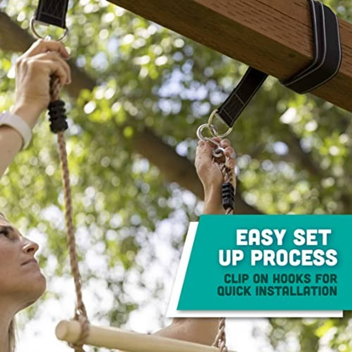Rope ladder setup with metal clip hooks and hanging nylon rope