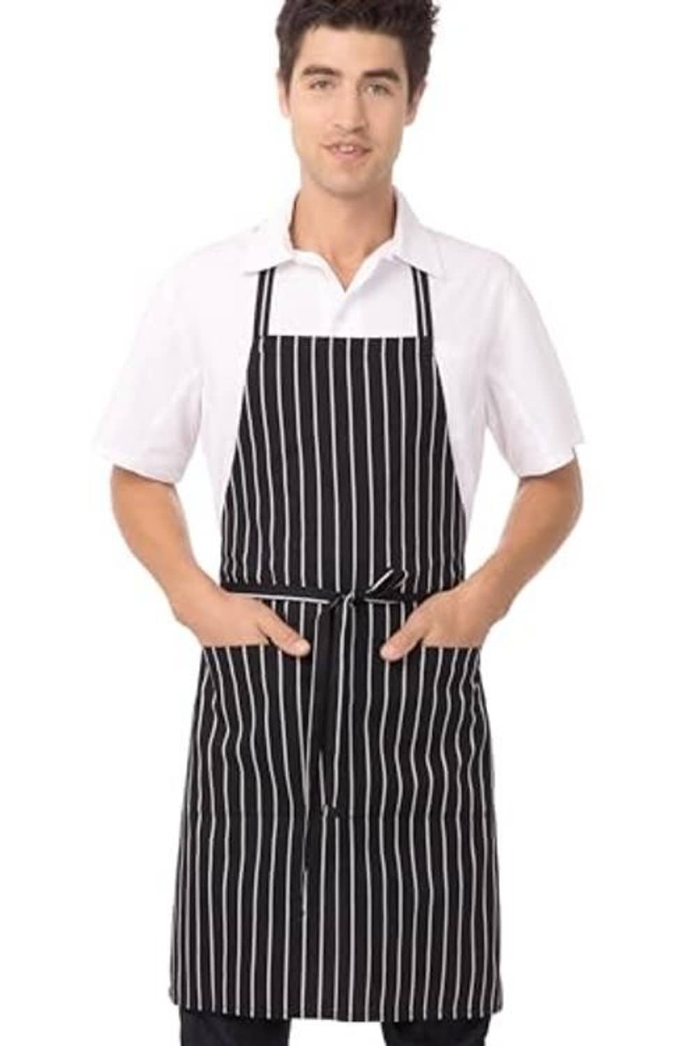 Unisex black striped chef apron with neck strap and waist tie, front pocket