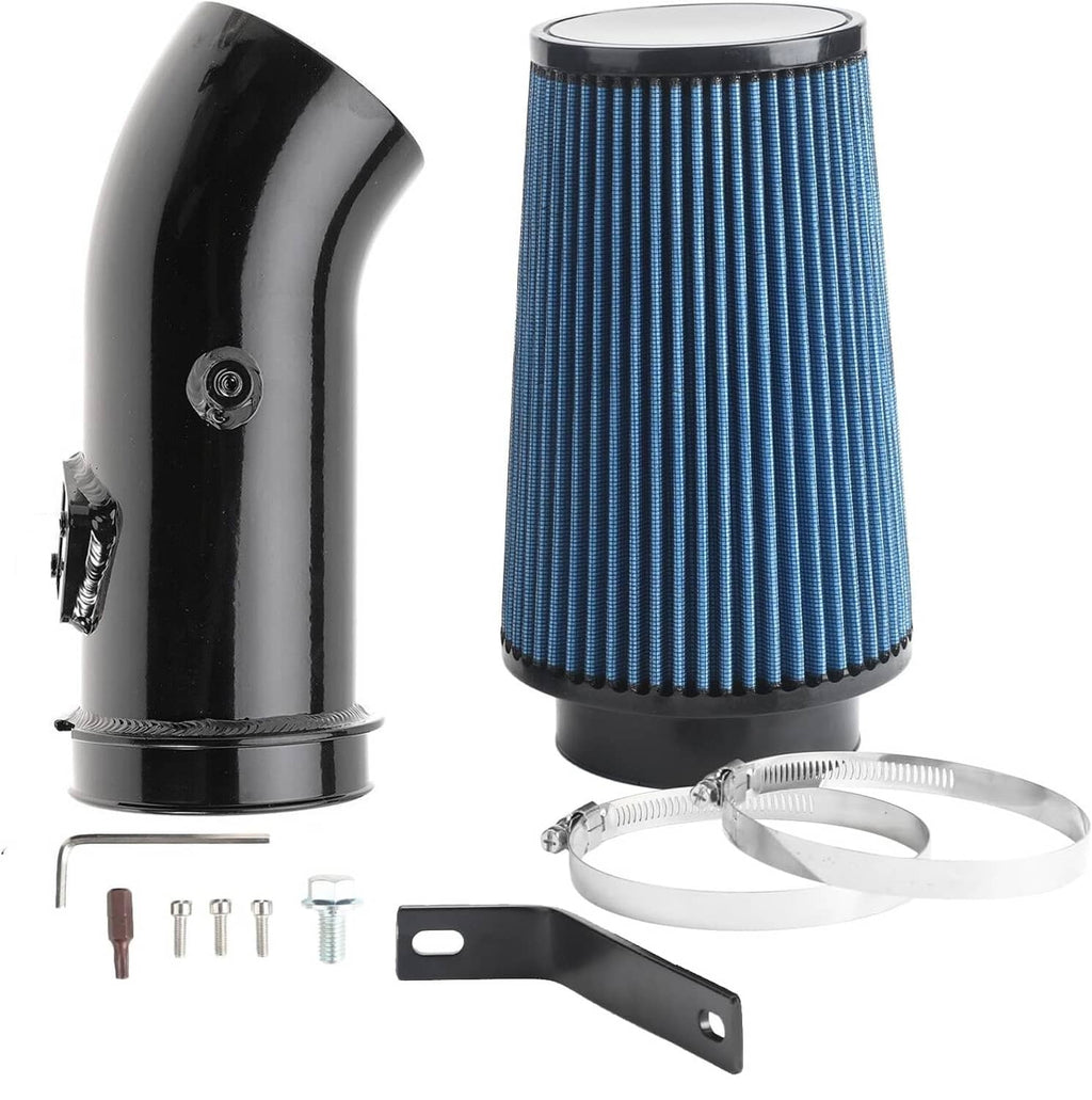 Black air intake pipe with blue pleated cone filter, mounting hardware and clamps