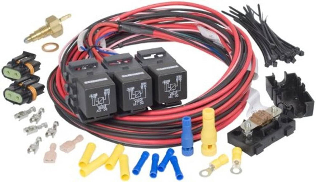 Dual electric fan relay kit with black relay modules, wire harness, connectors, spade lugs