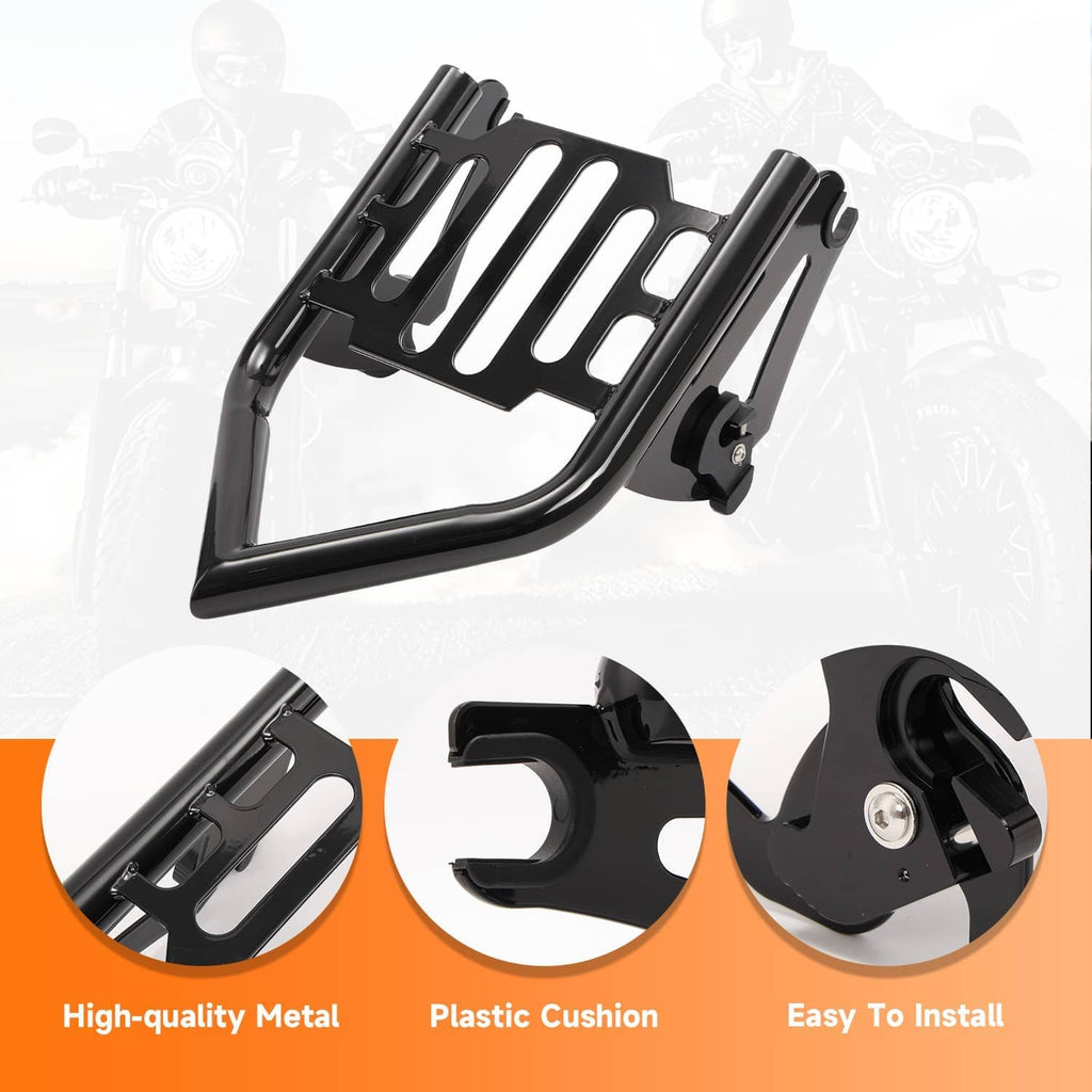 Black metal luggage rack platform with curved support arms and mounting points