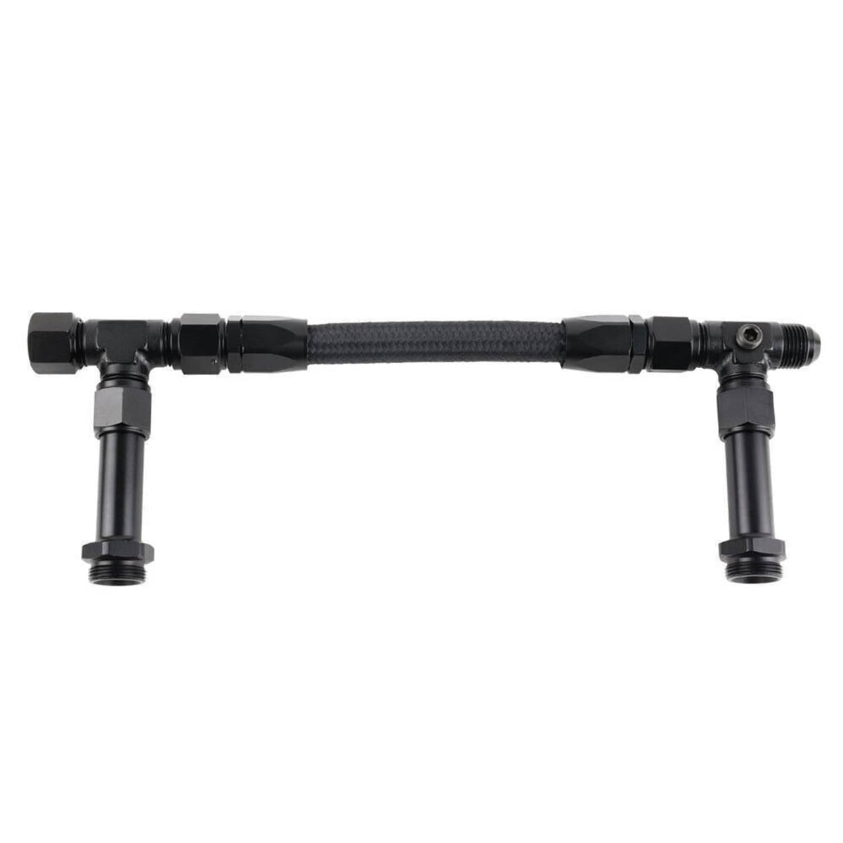 Braided fuel line kit with straight hose and two vertical end adapters