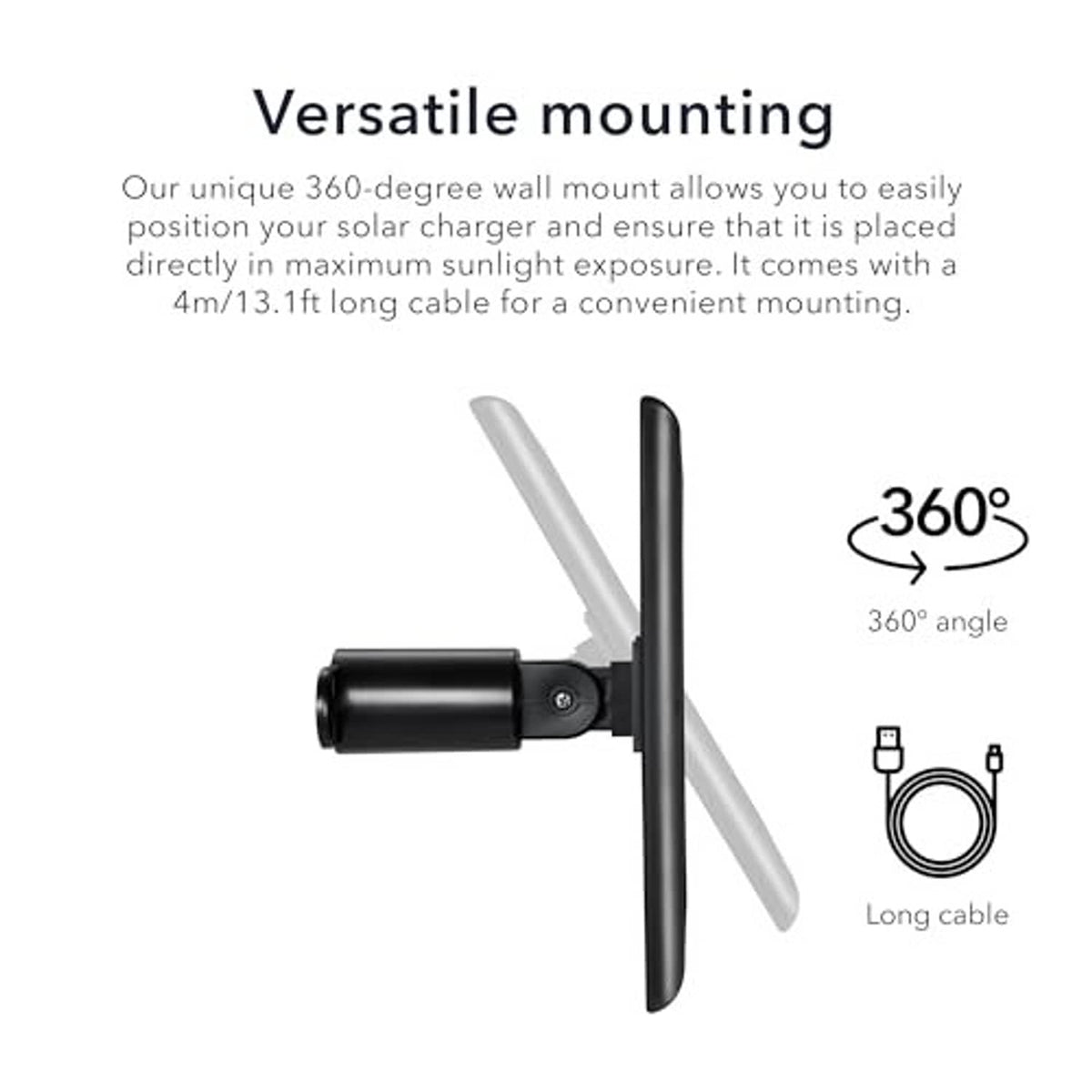 Adjustable 360-degree wall mount for solar panel with long cable connection