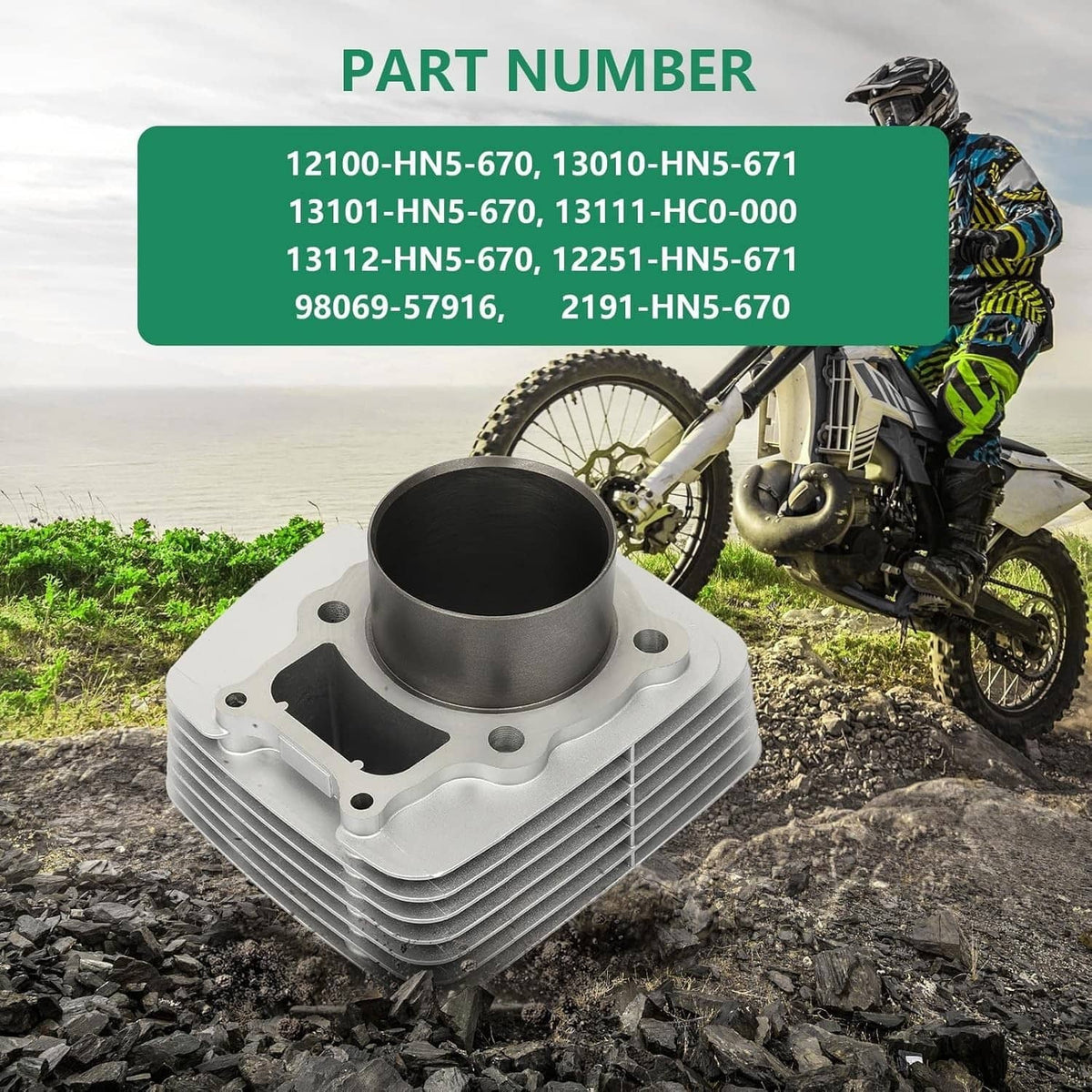 Motorcycle cylinder and piston kit with numbered parts list banner