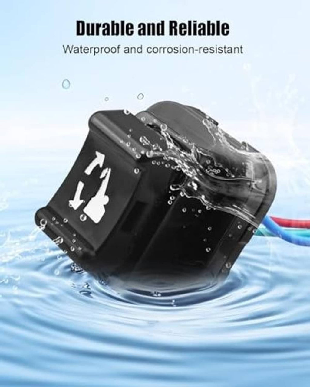 Waterproof black trim and tilt switch tilted in water with cable ends