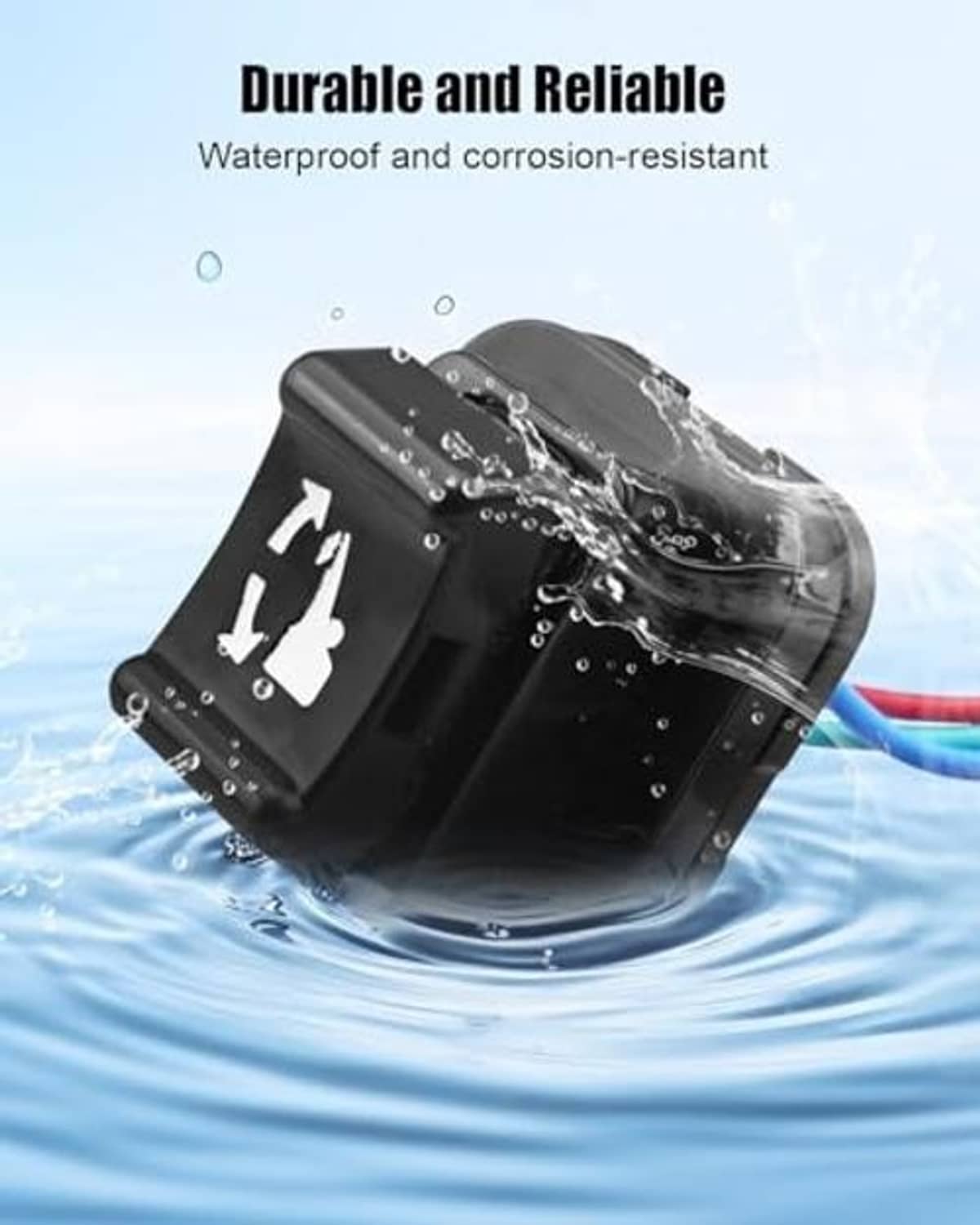 Waterproof black trim and tilt switch tilted in water with cable ends