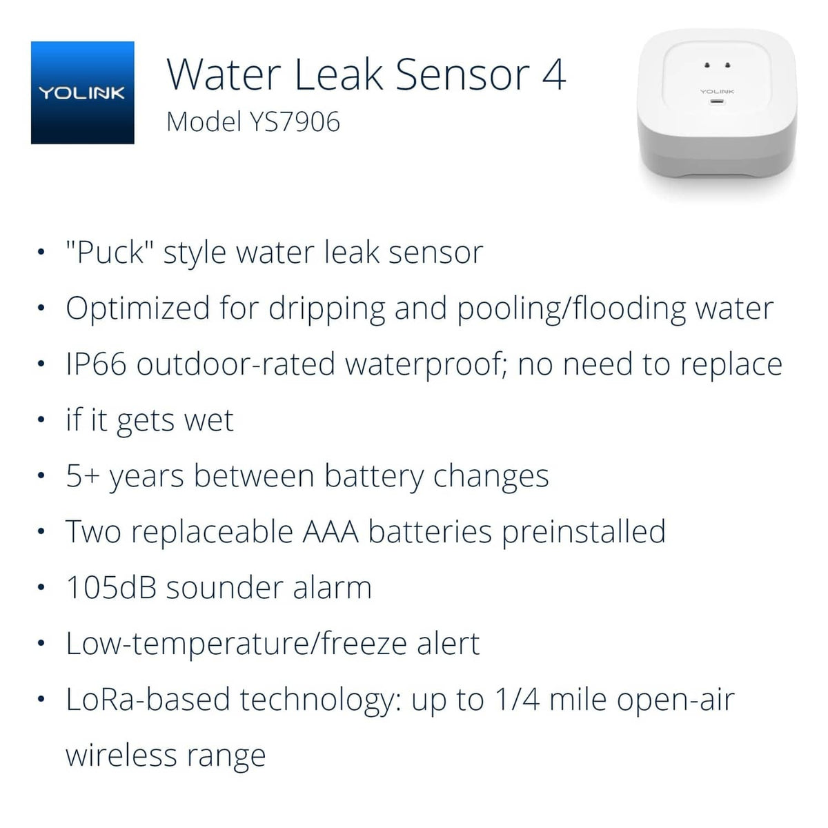 YoLink water leak sensor 4, compact white device with two indicator dots on top