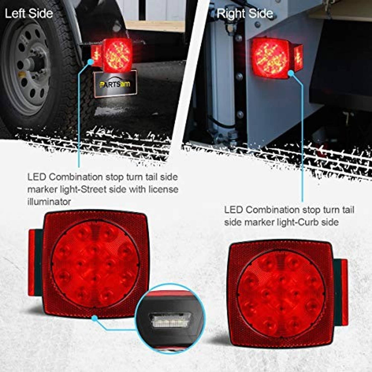 Square red LED side marker and stop/turn/tail lights for left and right sides
