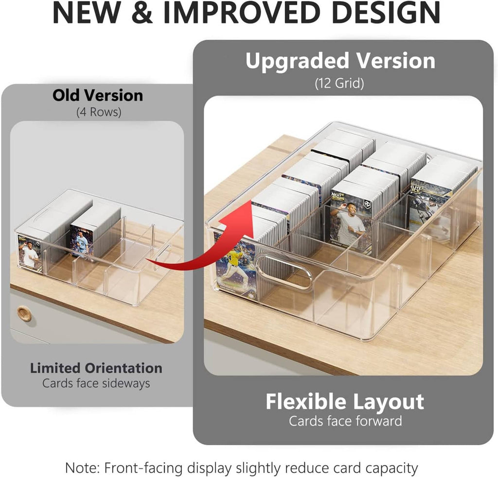 Clear trading card storage case with flexible layout compartments for front-facing card display