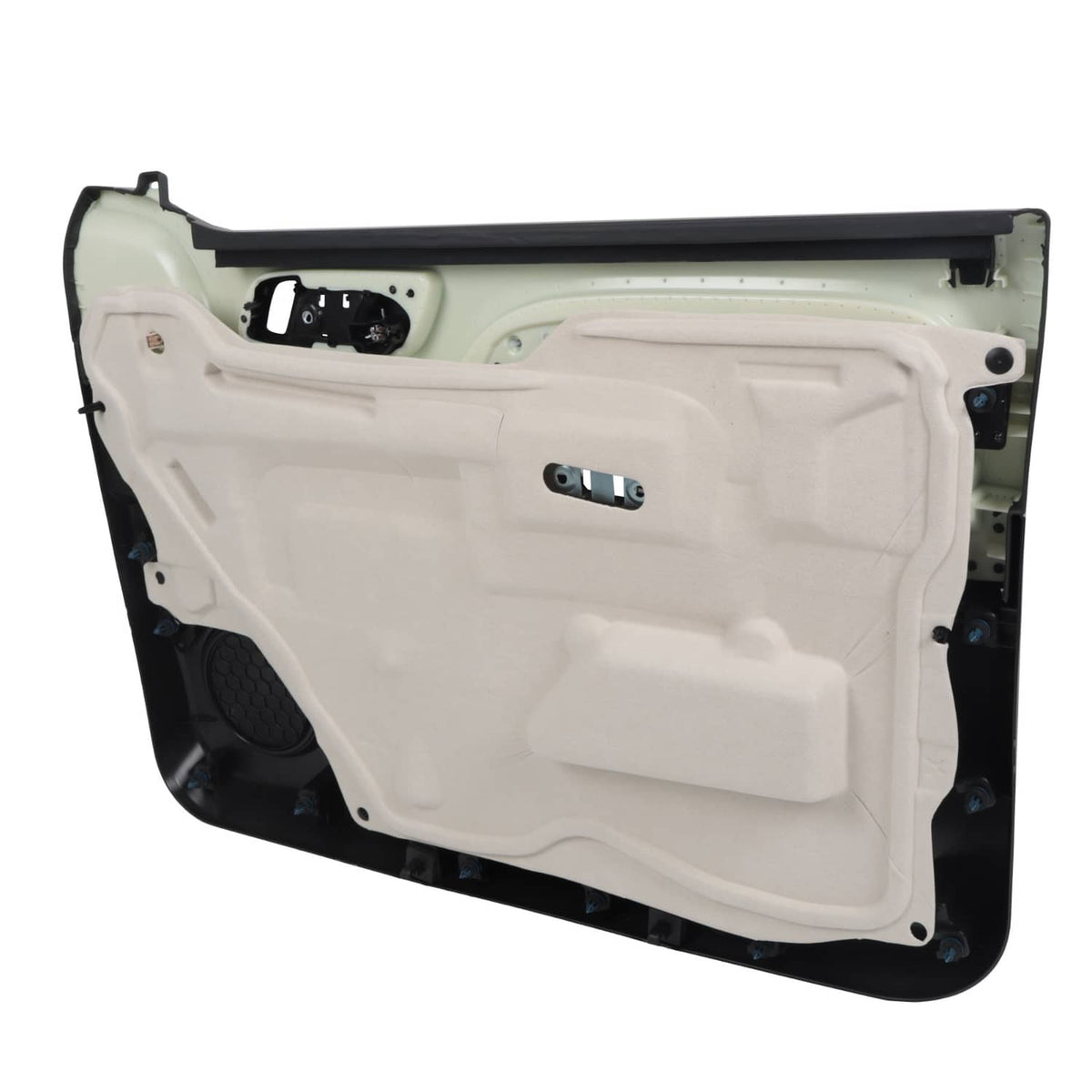 Interior door trim panel panel with inner backing and mounting points, light and dark.
