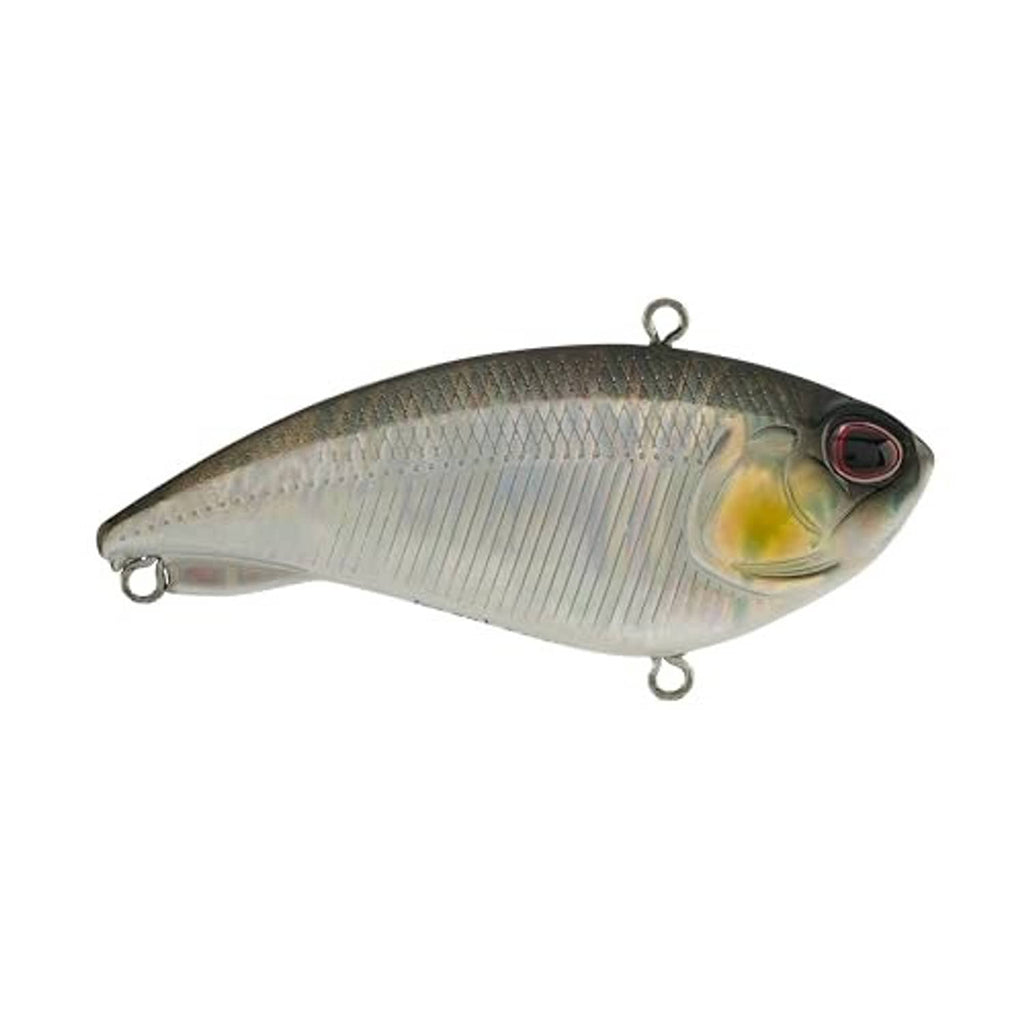 Silver fish-shaped lure with dark top and red eye, with front and rear treble hooks