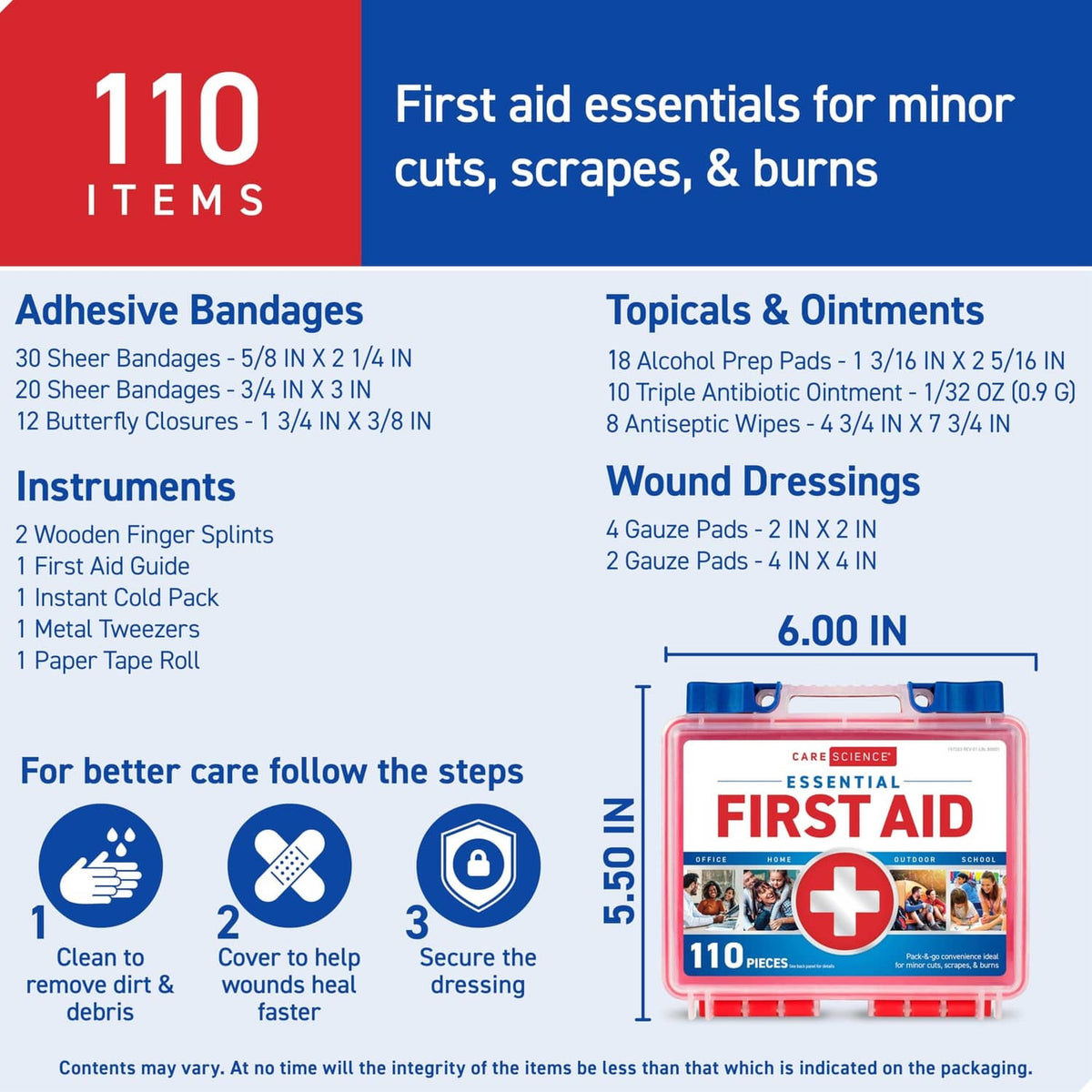 First aid kit essentials size graphic listing items, plus front case measurement