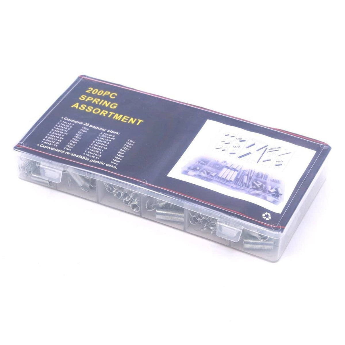 Zinc-plated spring assortment kit case with visible hardware compartments