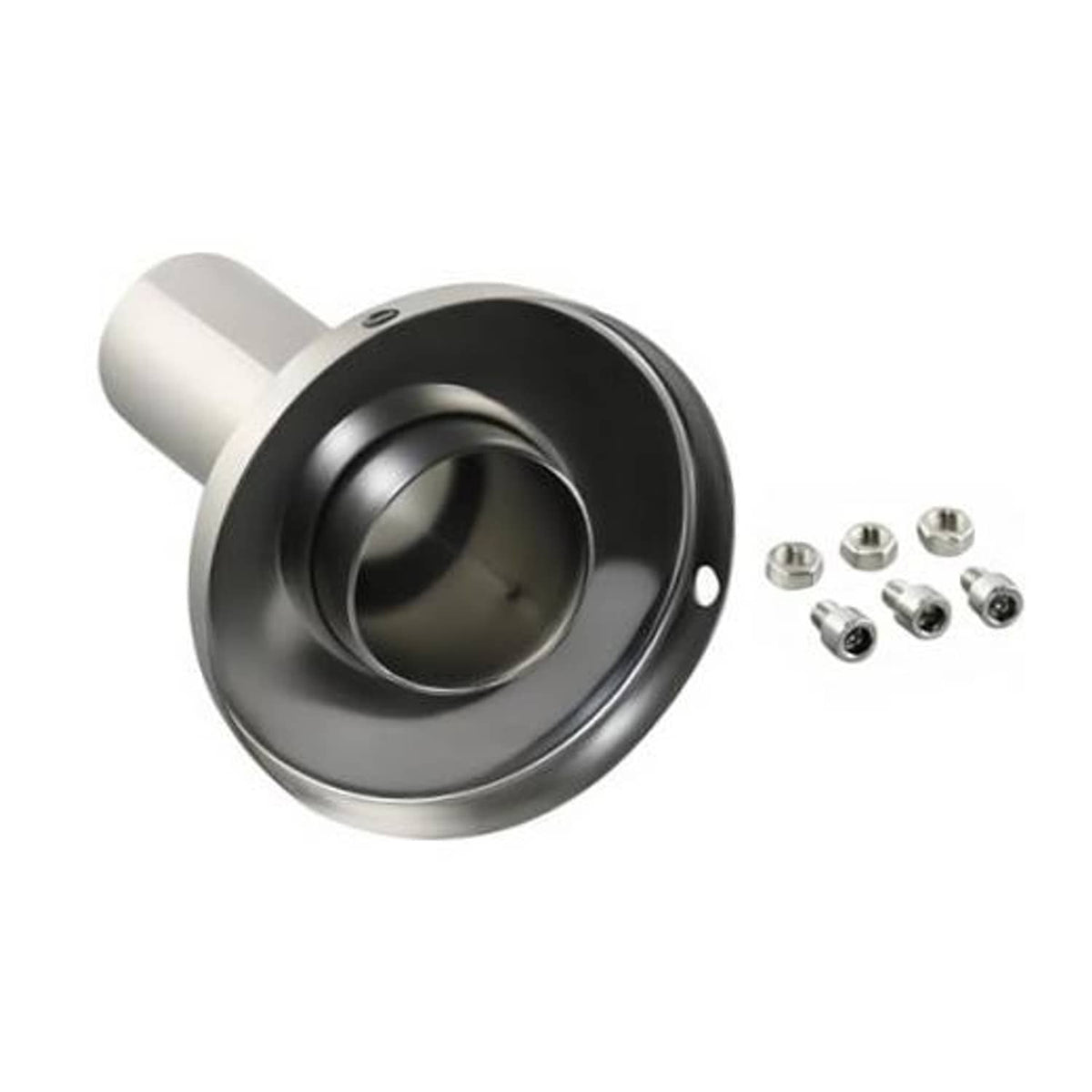 3.5in exhaust muffler tip assembly with black inner insert, silver outer housing, hardware