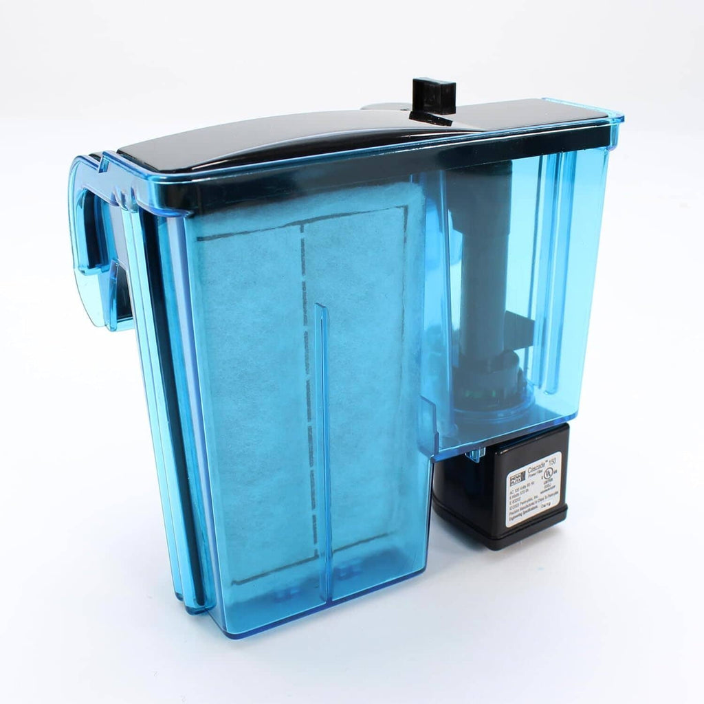 Blue aquarium filter canister with black motor housing and top handle