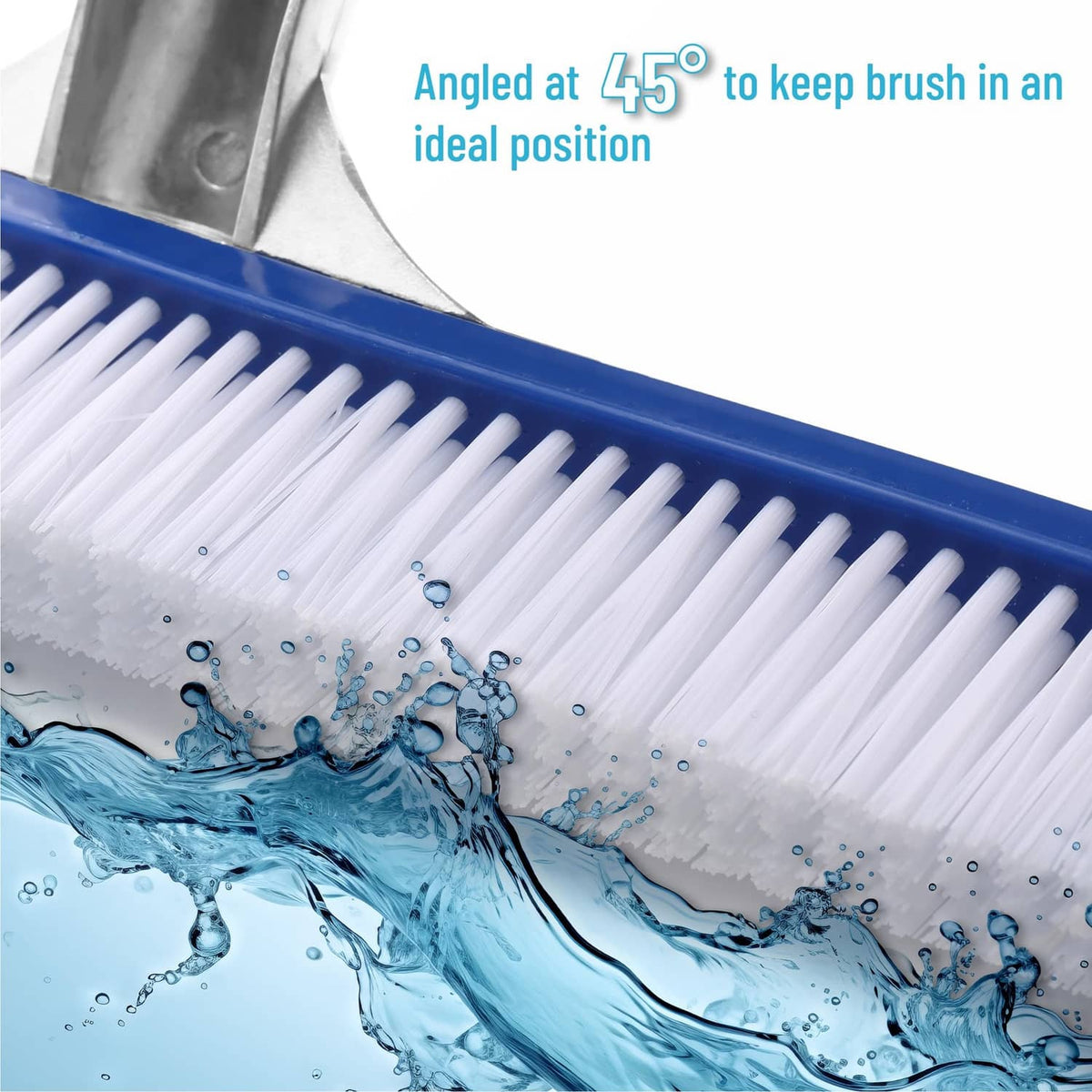 Angled pool brush head with dense white bristles on blue frame and angled joint