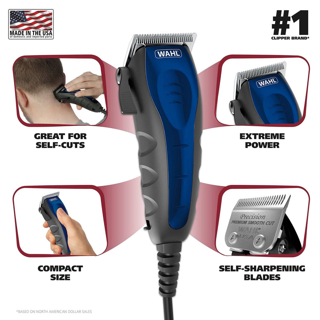 Blue and grey corded hair clipper kit with guards, combs, scissors, and self-cut design