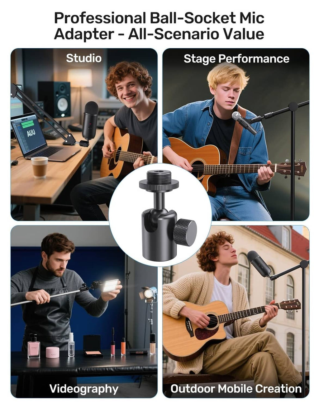 Black ball-socket microphone adapter with adjustable head and ball-joint for various setups