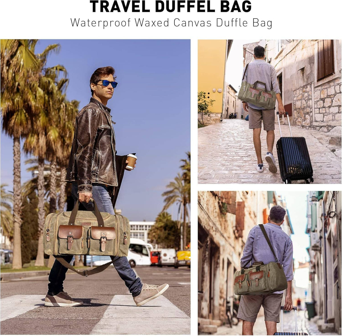 Olive waxed canvas duffel bag with tan leather front pockets, worn for travel