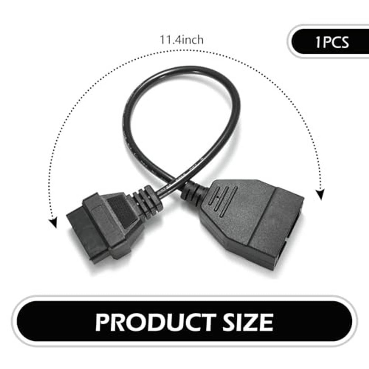 OBD adapter cable, black 12-pin and 16-pin connectors with 11.1 in cord