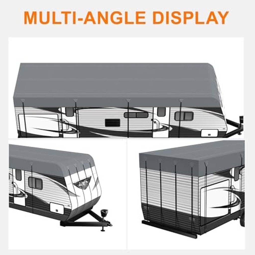 Grey RV roof cover multi-angle layout, showing top panel and side tie-grommet points.