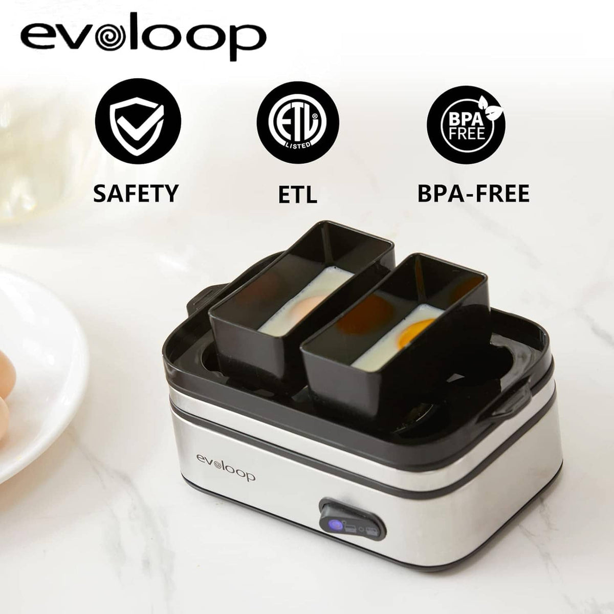 Electric six-egg cooker with black inner tray insert and safety icons