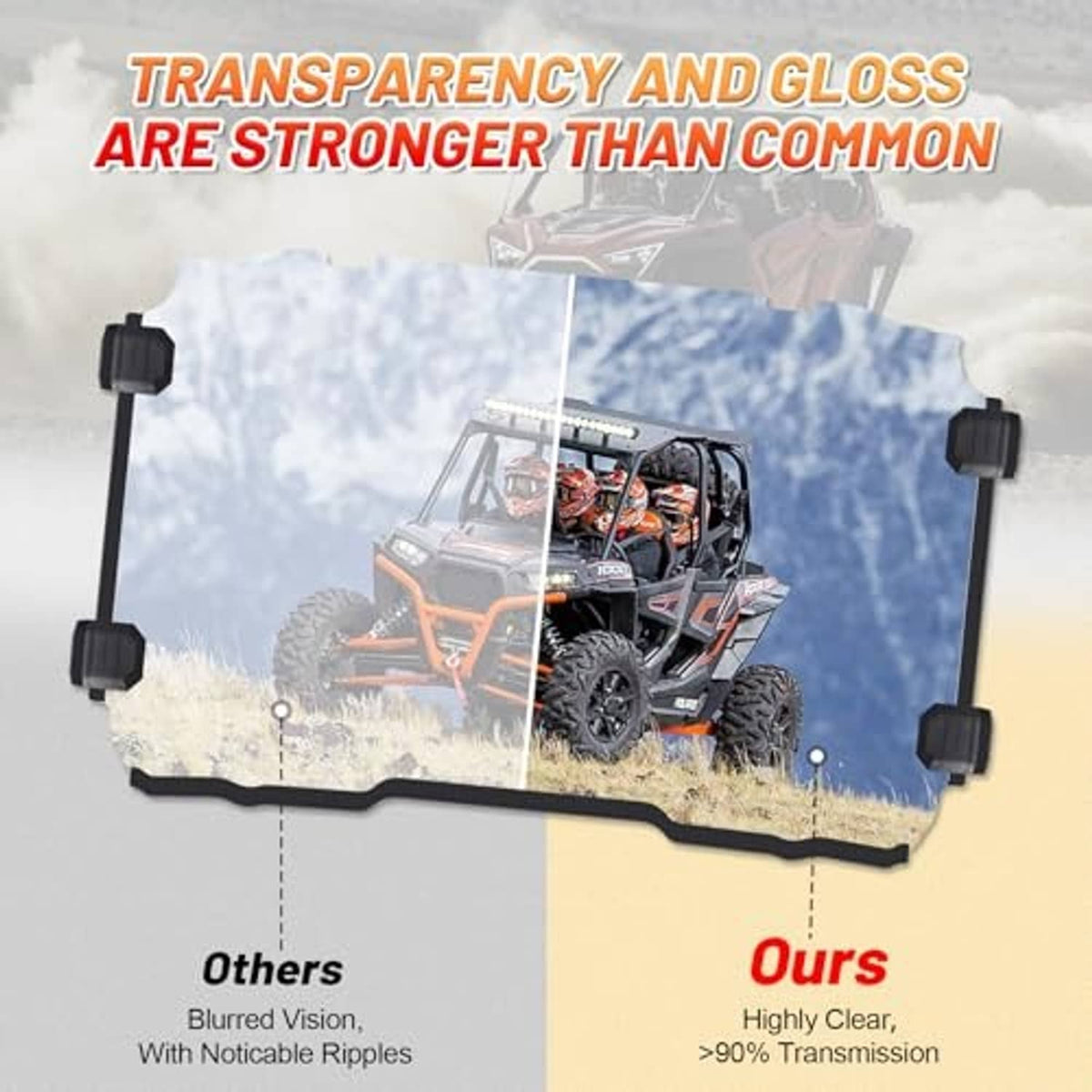 Clear UTV windshield panel for high visibility, black side mounts shown