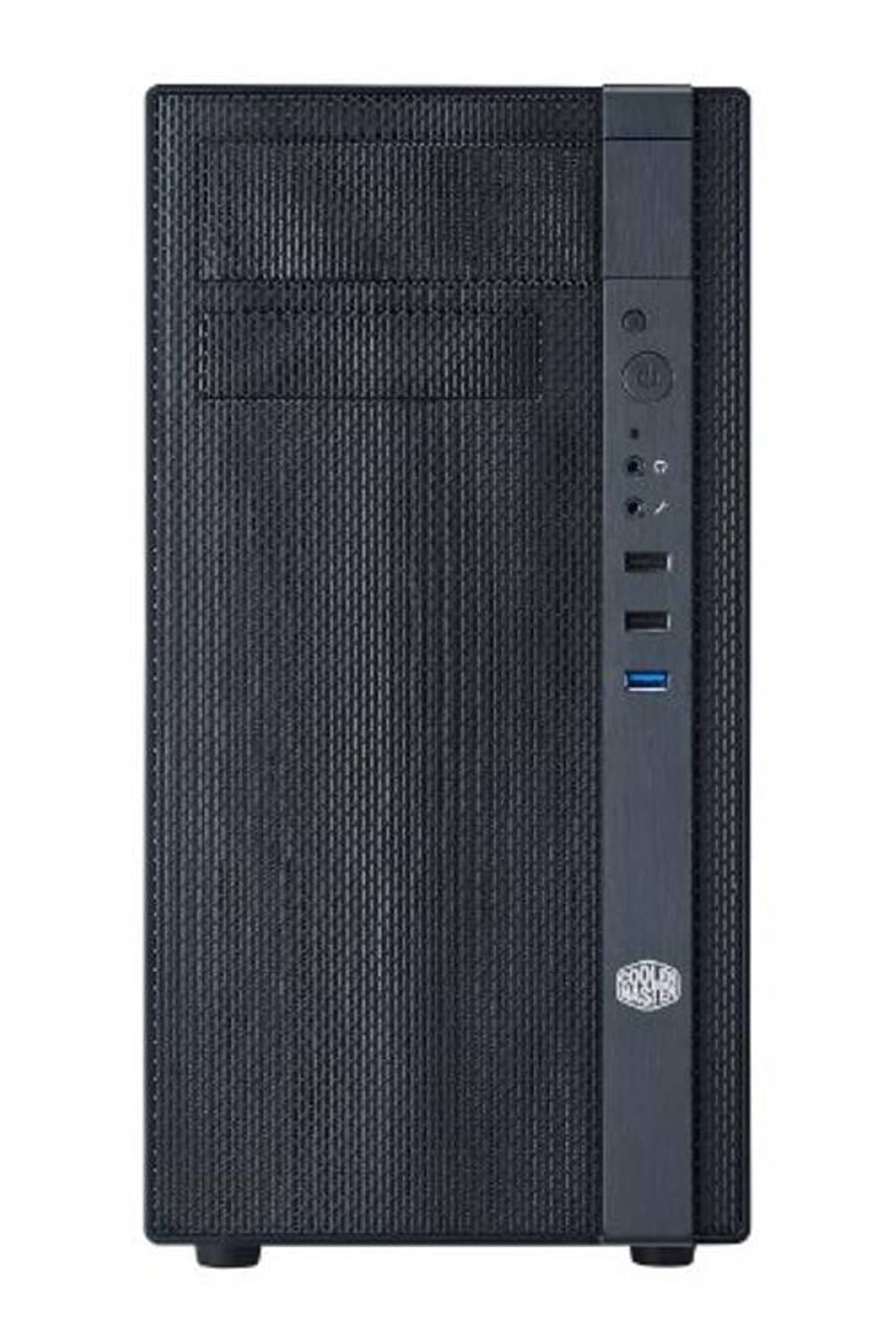 Black mini tower PC case with meshed front panel and side I/O ports